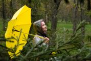 Frau in Regenjacke mit einem gelben Regenschirm im Wald  Frau in Regenjacke mit einem gelben Regenschirm im Wald